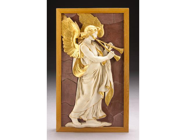 A carved white marble and parcel gilt relief panel of an angel with aulos on a faux rosso antico ground