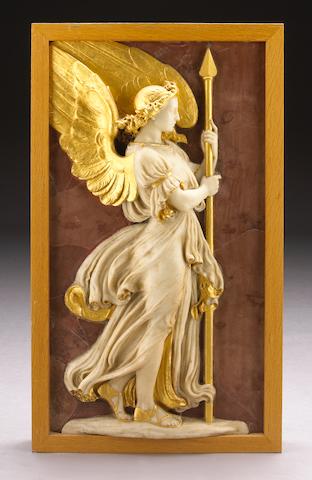 A carved white marble and parcel gilt relief panel of an angel with spear on a faux rosso antico ground