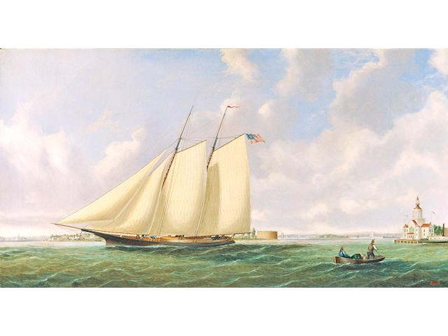Joseph Smith (1798-1876) Off Governer's island (ship under sail in New York harbor) 21 x 38in (53.4 x 96.5cm)