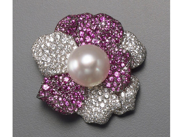 A South Sea cultured pearl, diamond, pink sapphire and eighteen karat white gold brooch, deGrisogono