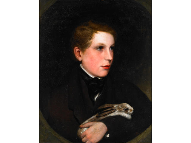 English School (19th century) A portrait of a boy in a black suit and black scarf holding a rabbit 22 1/4 x 18in