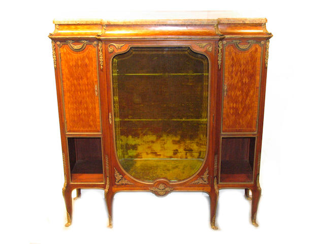 A Louis XV style gilt bronze mounted and parquetry inlaid vitrine