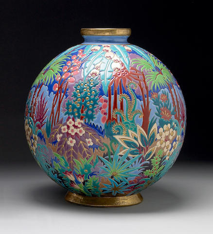 A D&#233;cor&#233; &#193; Le Main polychromed earthenware vase