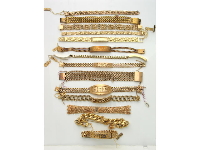 A collection of fourteen 18k and 14k gold bracelets