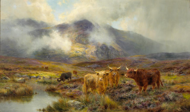 Louis B. Hurt (British 1856-1929) Highland cattle in a mountainous landscape with lowering clouds 23 1/2 x 39 1/2in (59 x 100.5cm)