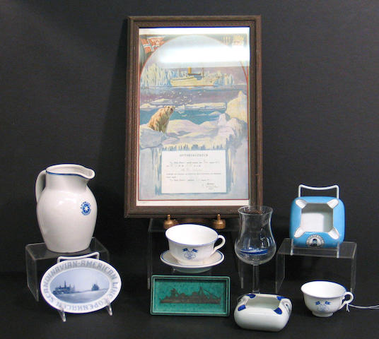 A selection of ceramics, stemware and ephemera from the Bergen Line, Maersk Line, Scandinavian American, Line, Norwegian Line, Caribbean Line and Chipper Line