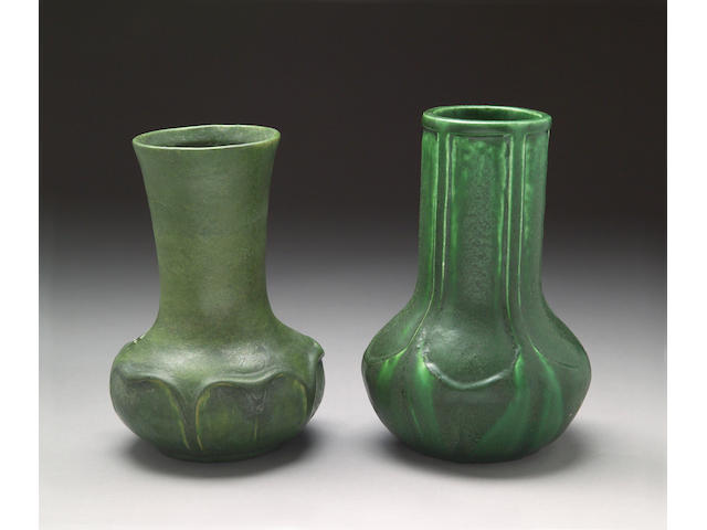 Two Grueby green-glazed pottery vases