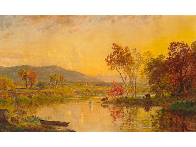 Jasper Francis Cropsey (1823-1900) An Autumn Landscape with Cattle Watering at a River, 1881 12 x 20in