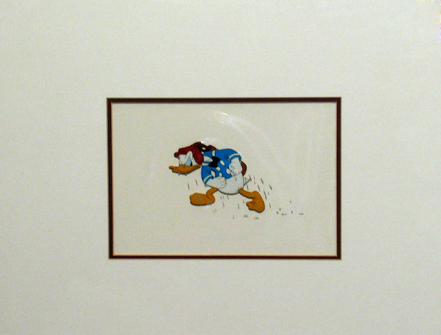 Bonhams : From the 1941 Walt Disney cartoon Canine Caddy, an original hand  painted cell of Donald Duck carrying his golf bag, sheltering from the rain  on the golf course, framed and