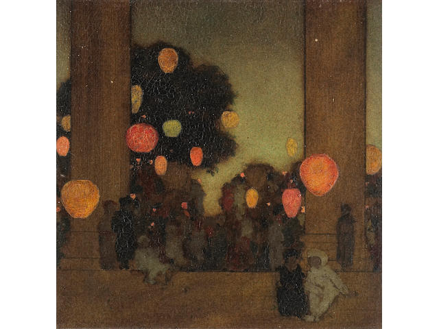 Maxfield Parrish (1870-1966) Lanterns at Twilight 8 x 8in