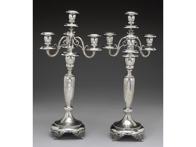 German 800 Silver Pair of Candlesticks with Three-Arm Four-Light Branches