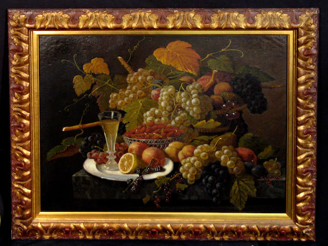 Manner of Severin Roesen (American 1815-1872) A Still Life with Fruit and a Flute of Champagne 23 x 28 1/2in