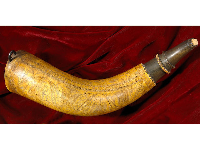 A fine French and Indian War era carved powder horn