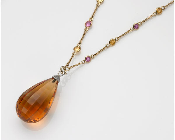 A briolette-cut citrine, pink and yellow sapphire, diamond, platinum and eighteen karat gold long chain and pendant