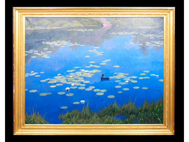 Peter Tysver (20th century) A Lake Scene with Ducks and Water Lilies 44 x 52 1/2in