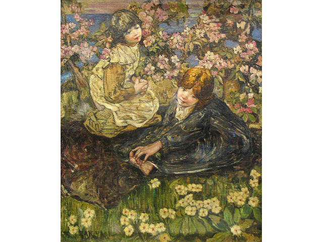 Manner of Edward Atkinson Hornel (Scottish) Girls gathering flowers 30 1/2 x 25 1/2in