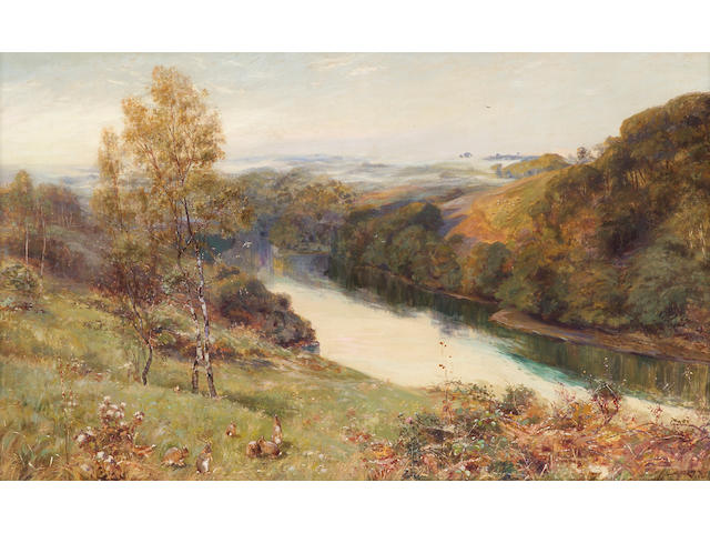Stuart Lloyd (British d.1929) A river landscape with rabbits in the foreground 30 x 50 1/2in
