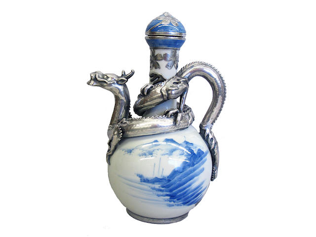 Japanese Porcelain Ewer & Cover with Silver Deposit Enrichment by Shreve & Co., San Francisco