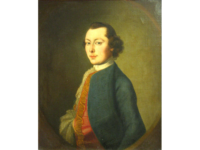 Follower of Thomas Gainsborough A portrait of a gentleman, half-length, wearing a blue coat, said to be Nicholas Bishop 30 x 25in