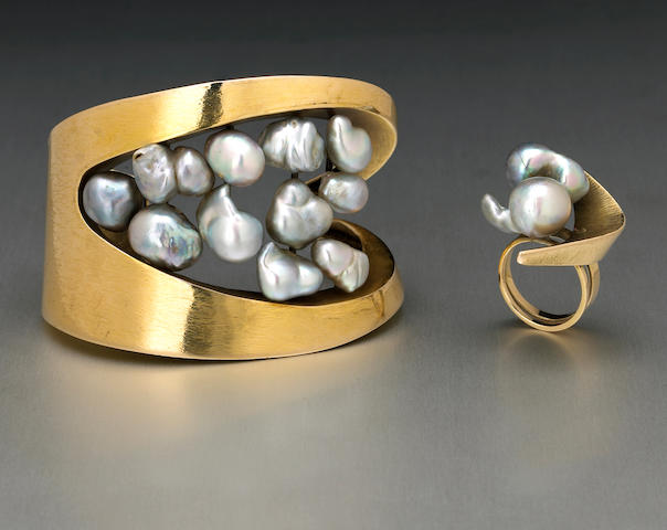A set of baroque cultured pearl and fourteen karat gold jewelry, Margaret de Patta