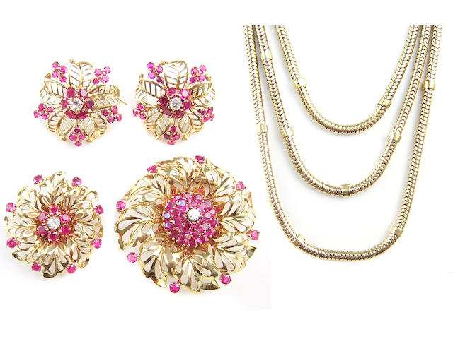 A suite of ruby, diamond, and yellow gold jewelry