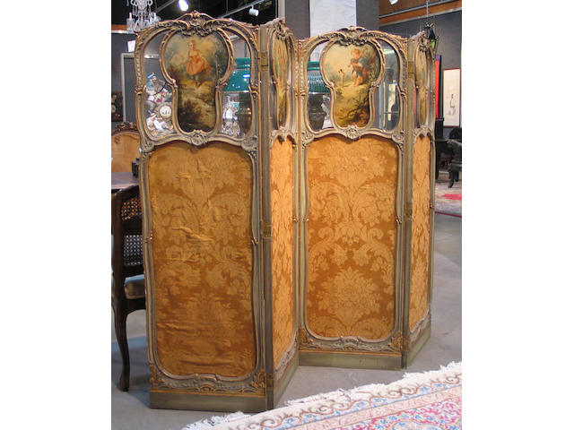 A Louis XV style paint decorated and parcel gilt four panel screen
