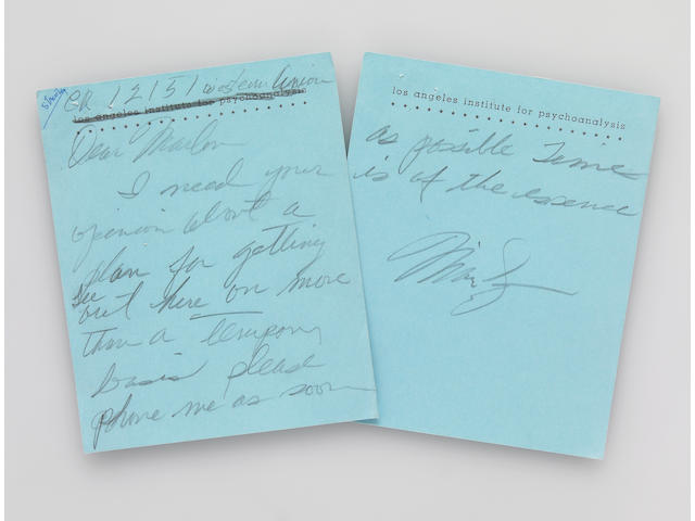 A Marilyn Monroe handwritten note to Marlon Brando and his return telegram to her