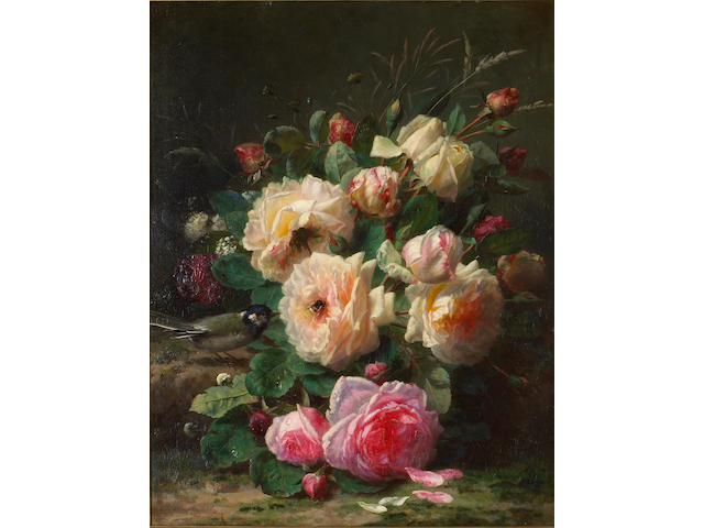 Jean-Baptiste Robie (Belgian 1821-1910) A still life with roses, a titmouse and a bumblebee 20 1/2 x 16 1/4in (52 x 41.5cm)