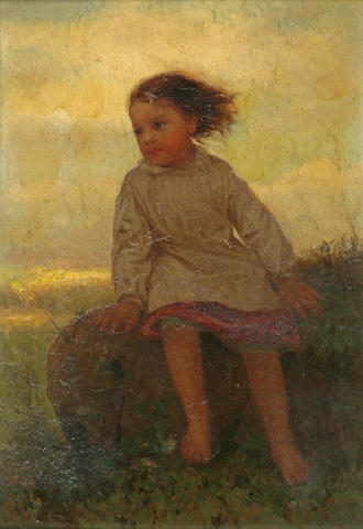 John George Brown (1831-1913) Portrait of a Girl in a Landscape 11 3/4 x 8in