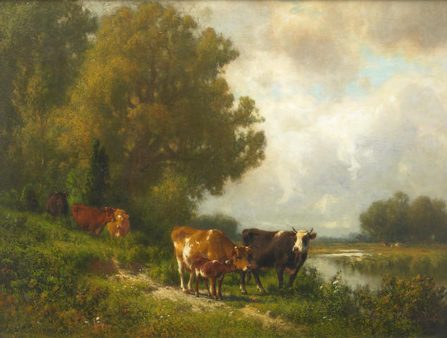 William M. Hart (1823-1894) Family of Cattle by a Brook 19 x 25in