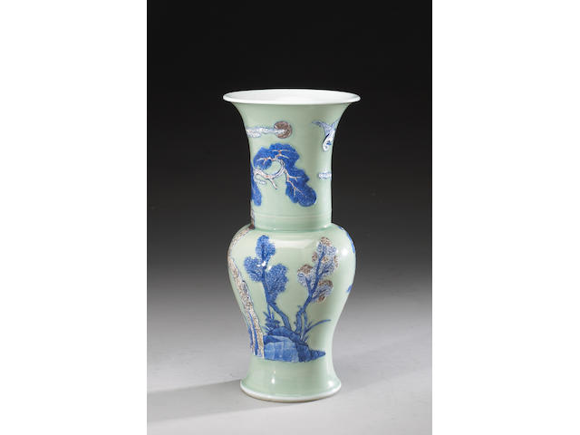 A celadon glazed porcelain yenyen vase with underglaze blue, red and white slip decoration Kangxi Period