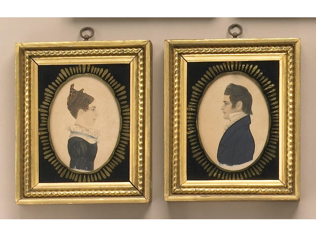 A fine pair of watercolor on paper miniature portraits of a young man and woman