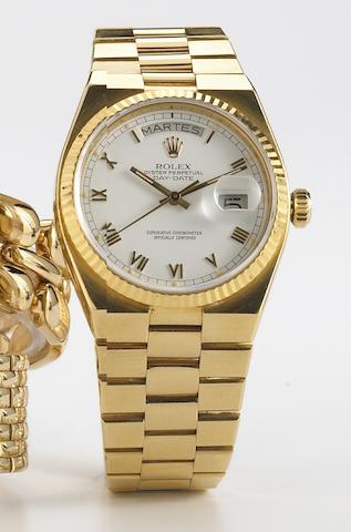 Rolex. An 18k gold quartz bracelet watch with day-date calendarOyster Quartz, Day-Date, Ref.19018, circa 1980