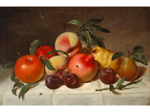 Peter Baumgras (1827-1903) Still Life with Plums, Pears, Pomegranates, and Apples, 1872 12 1/2 x 18in
