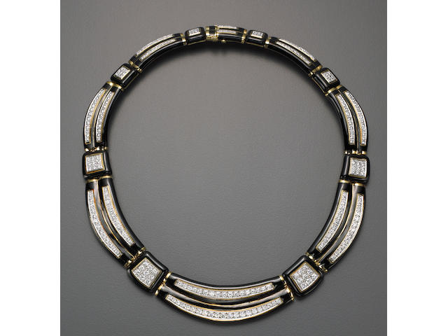 A black enamel, diamond, eighteen karat gold and platinum necklace, David Webb