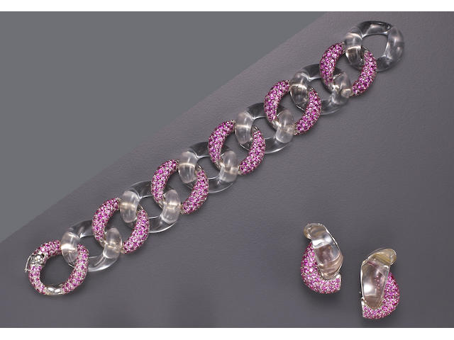 A pink sapphire, rock crystal and eighteen karat white gold bracelet and a pair of earrings, Seaman Schepps