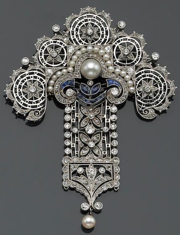 An Edwardian diamond, cultured pearl, sapphire and platinum brooch