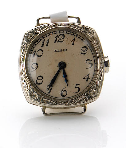 Elgin. A 14k white gold cushion cased wristwatch, 1920s