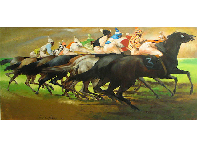 Frank N. Ashley (American, 1920) Horses breaking from gate, 1962 23 1/2 x 48in
