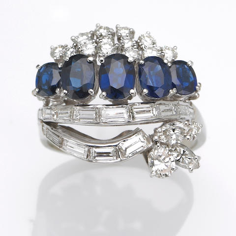 A sapphire, diamond and white gold cluster ring