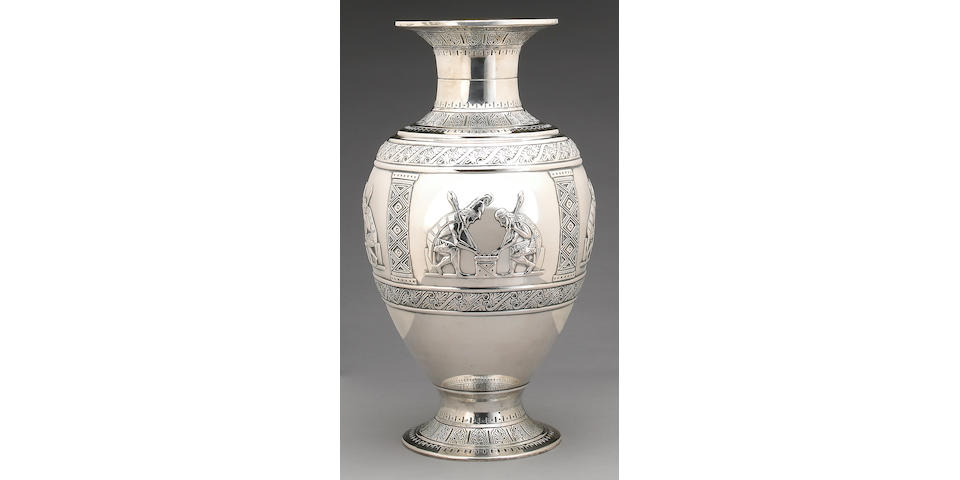 An Italian silver pair of vases after the antique