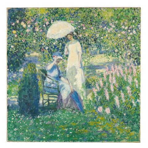 Frederick Carl Frieseke (American, 1874-1939) Two Ladies in a Garden 32 x 32in