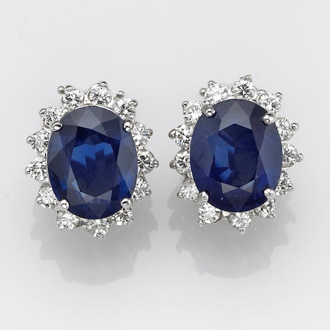 A pair of sapphire, diamond and 14k white gold ear-clips