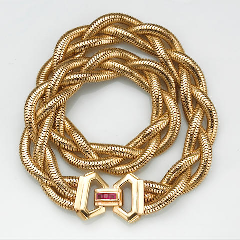 A ruby and 14k gold braided Forstner chain necklace, Tiffany & Co.