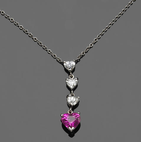 A pink sapphire, diamond and 18k white gold necklace