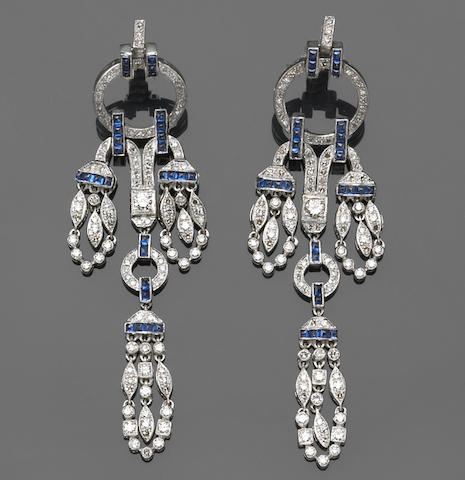 A pair of diamond and 18k white gold pendant earrings