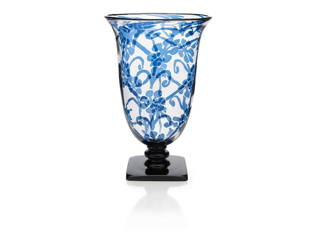 A Steuben blue Intarsia glass pedestal vase
