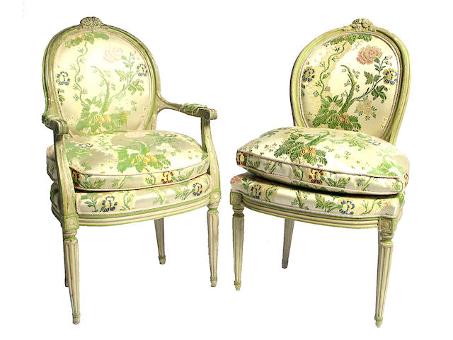 A set of ten Louis XVI style paint decorated dining chairs