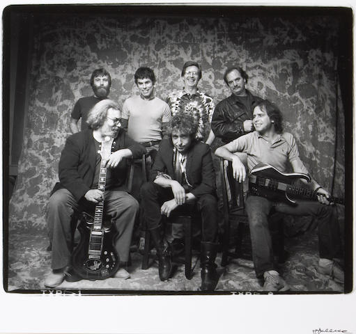 A Herb Greene signed black and white photograph of The Grateful Dead and Bob Dylan, 1987, 1999