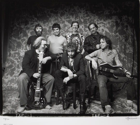 A Herb Greene signed limited edition black and white photograph of The Grateful Dead with Bob Dylan, 1987, 1999